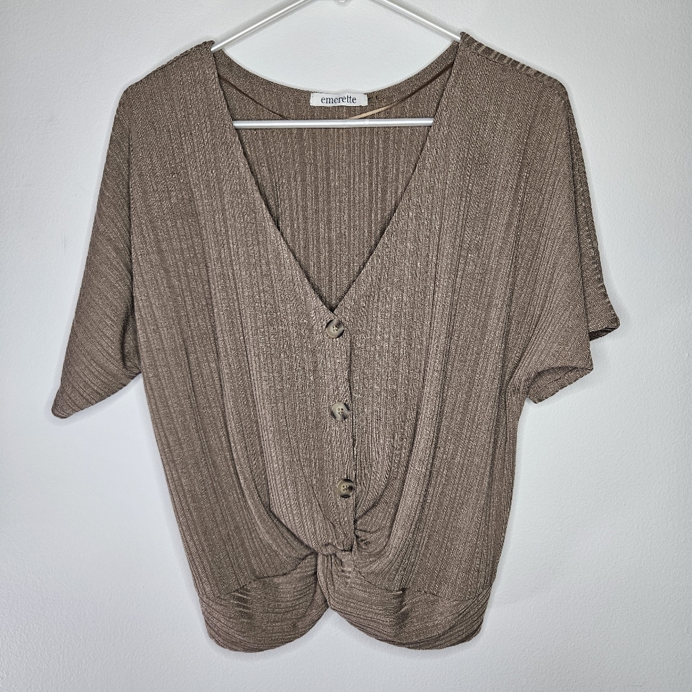 Emerette Brown Ribbed Twist Front Crop Top Sz L
